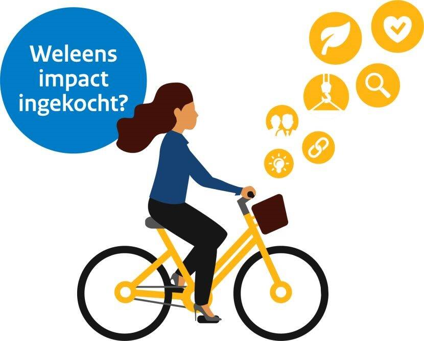 Illustratie van vrouw op fiets met tekst: "Weleens impact gekocht?"